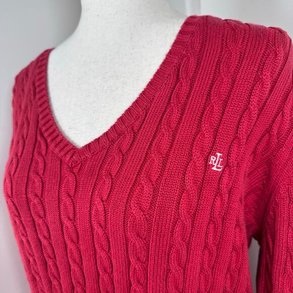 Lauren Ralph Lauren Women's Sweater XL Red Cable Knit Cotton V Neck Preppy Sport - Picture 3 of 8